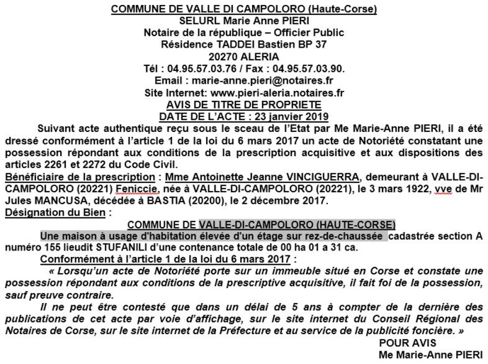 Avis de création de titre de propriété - commune de Valle di Campoloro Avis de création de titre de propriété - commune de Valle di Campoloro