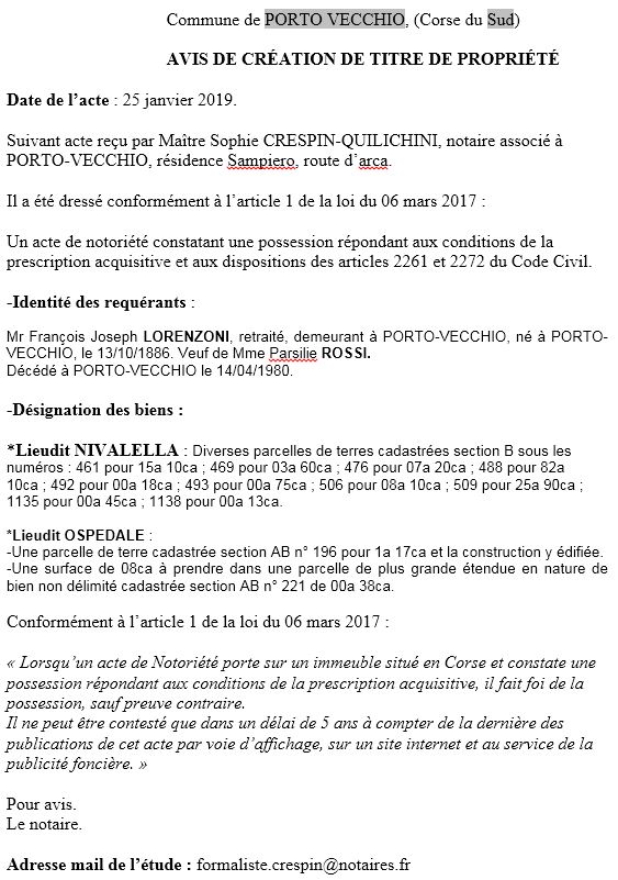 Avis de création de titre de propriété - commune de Porto-Vecchio