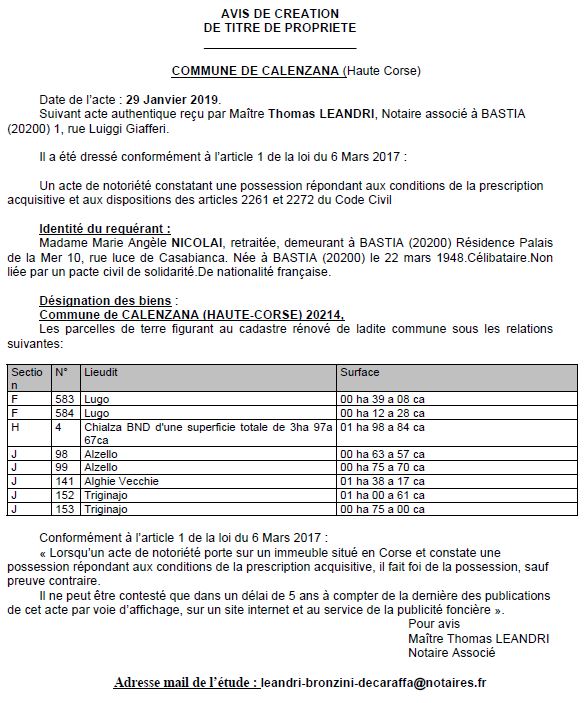 Avis de création de titre de propriété - commune de Calenzana