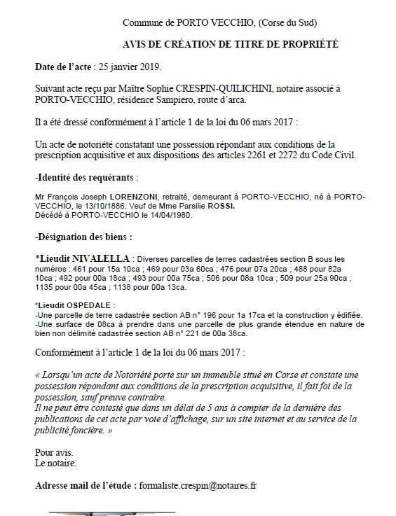 Avis de création de titre de proprieté - commune de Porto Vecchio (Corse-du-Sud) Avis de création de titre de proprieté - commune de Porto Vecchio (Corse-du-Sud)