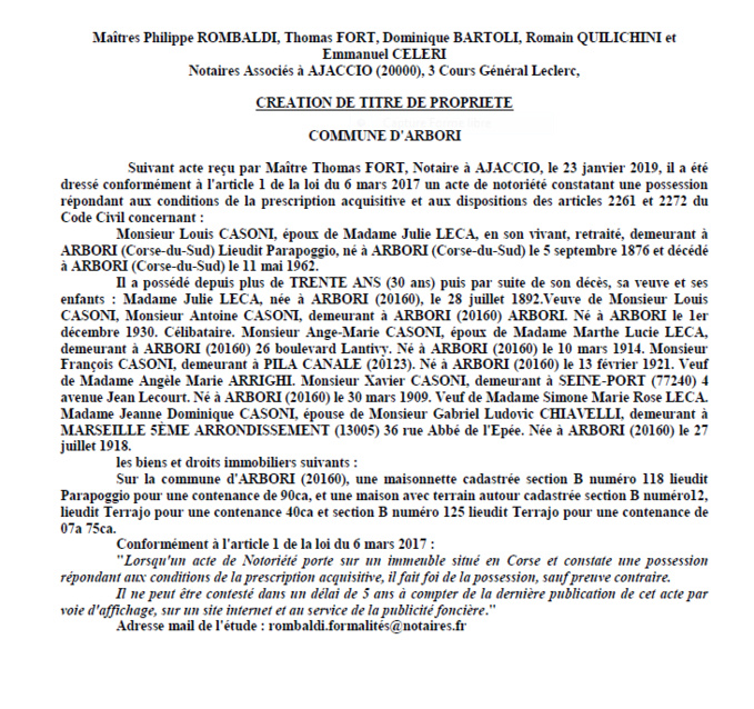 Avis de création de titre de propriété - commune d'Arbori (Corse-du-Sud)
