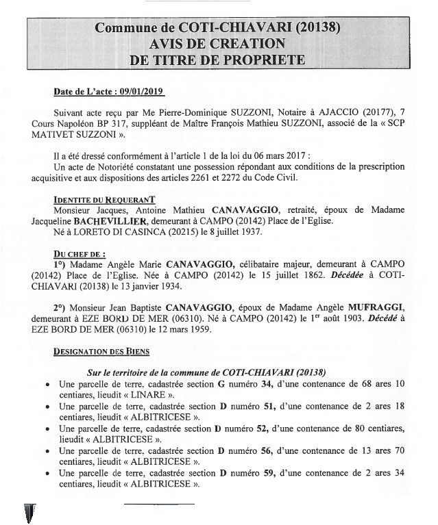 Avis de création de titre de propriété - communes de Coti-Chiavari et Campo (Corse-du-Sud)