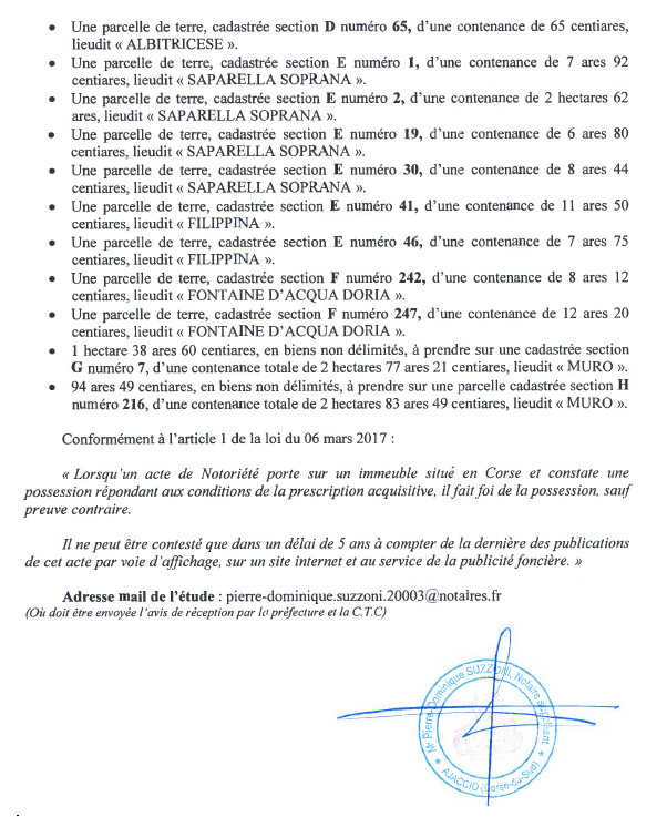 Avis de création de titre de propriété - communes de Coti-Chiavari et Campo (Corse-du-Sud)