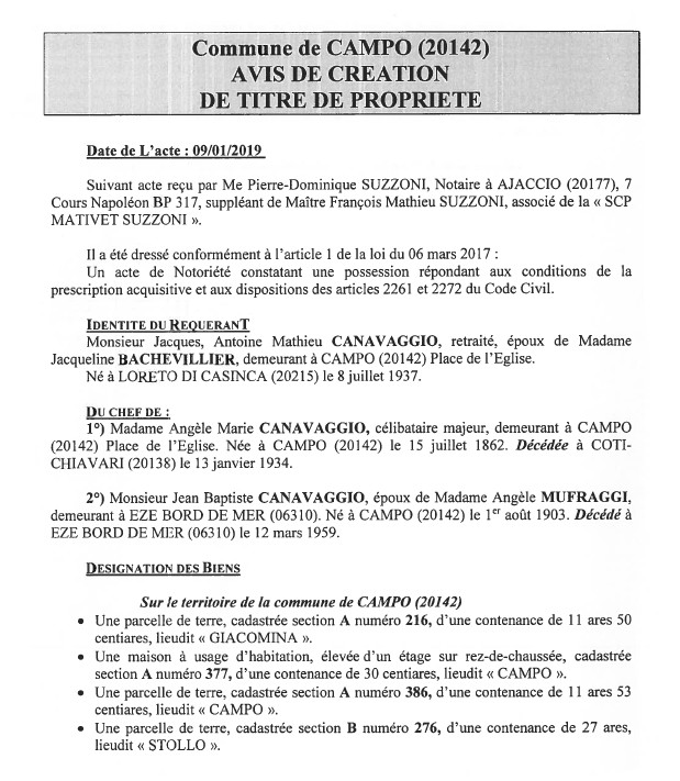 Avis de création de titre de propriété - communes de Coti-Chiavari et Campo (Corse-du-Sud)