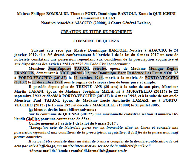 Avis de création de titre de proprieté - commune de Quenza (Corse-du-Sud)