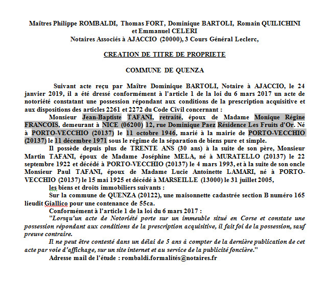 Avis de création de titre de proprieté - commune de Quenza (Corse-du-Sud) Avis de création de titre de proprieté - commune de Quenza (Corse-du-Sud)