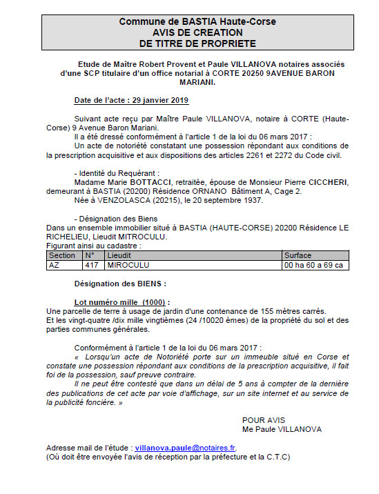 Avis de création de titre de propriété - commune de Bastia (Haute-Corse)