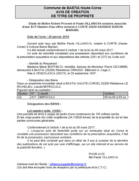 Avis de création de titre de propriété - commune de Bastia (Haute-Corse) Avis de création de titre de propriété - commune de Bastia (Haute-Corse)