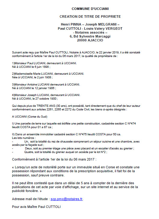 Avis de création de titre de propriété - commune d'Ucciani