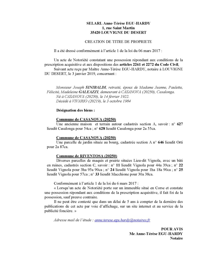 Avis de création de titre de propriété - commune de Casanova (Haute-Corse)