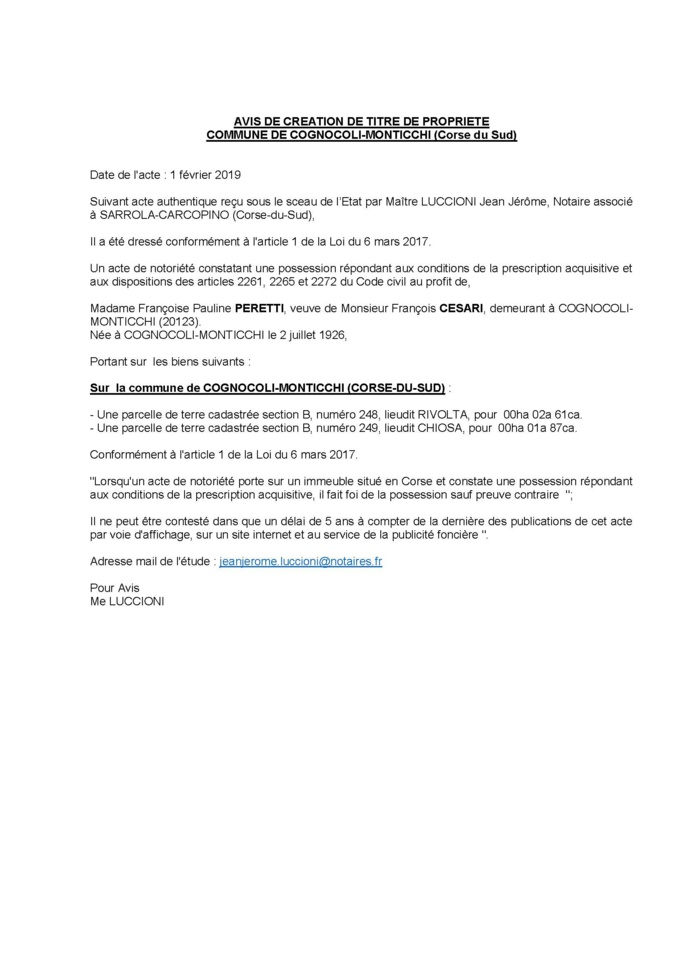 Avis de création de titre de propriété - commune de Cognocoli-Monticchi (Corse-du-Sud) Avis de création de titre de propriété - commune de Cognocoli-Monticchi (Corse-du-Sud)