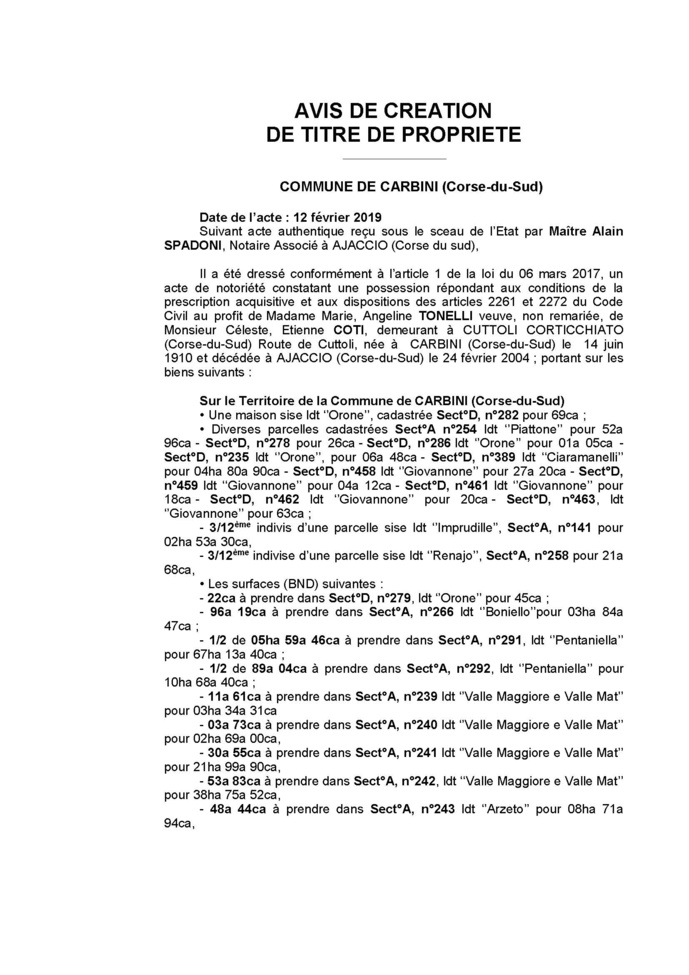 Avis de création de titre de propriété - commune de Carbini (Corse-du-Sud)