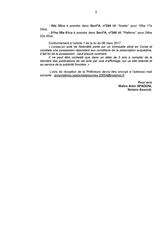 Avis de création de titre de propriété - commune de Carbini (Corse-du-Sud)