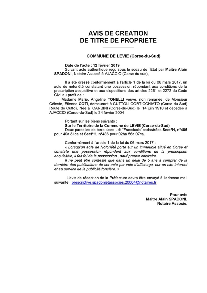 Avis de création de titre de propriété - commune de Levie (Corse-du-Sud) Avis de création de titre de propriété - commune de Levie (Corse-du-Sud)