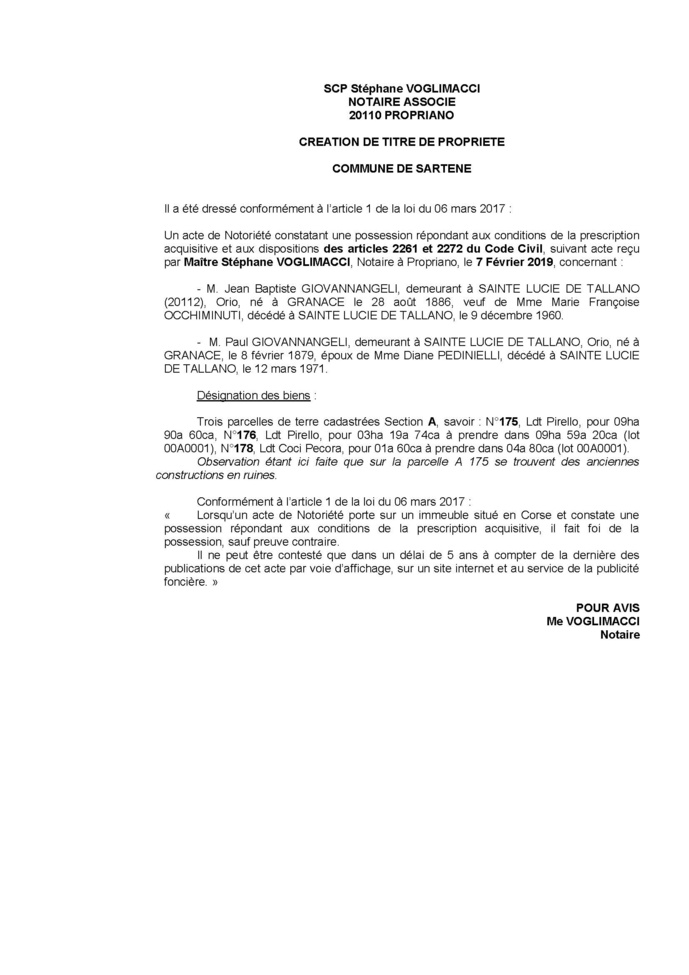 Avis de création de titre de propriété - commune de Sartène (Corse-du-Sud)