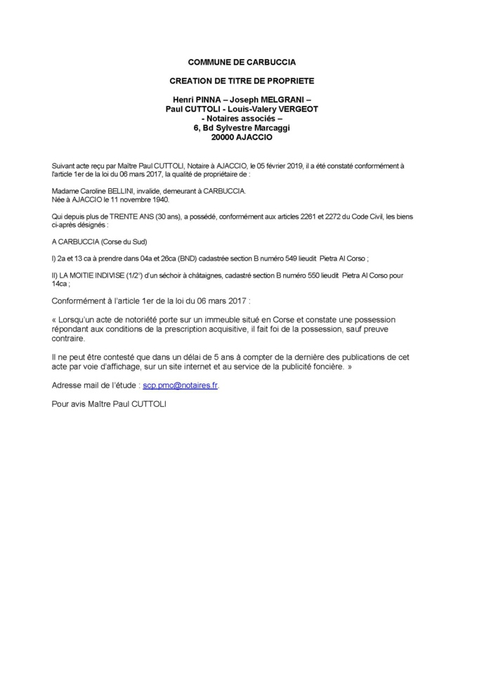 Avis de création de titre de propriété - commune de Carbuccia (Corse-du-Sud)