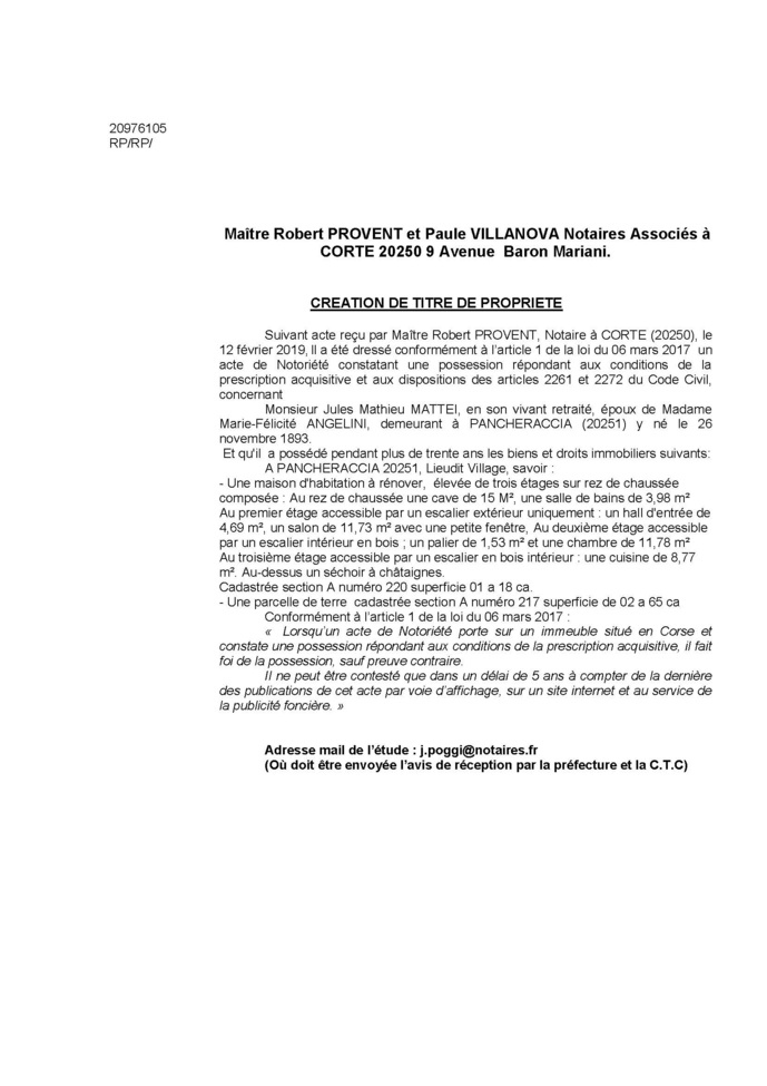 Avis de création de titre de propriété - commune de Pancheraccia (Haute-Corse)