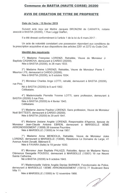 Avis de création de titre de propriété - commune de Bastia (Haute-Corse)