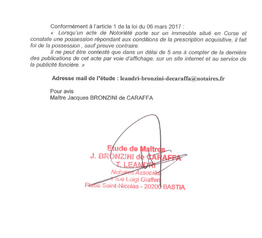 Avis de création de titre de propriété - commune de Bastia (Haute-Corse)