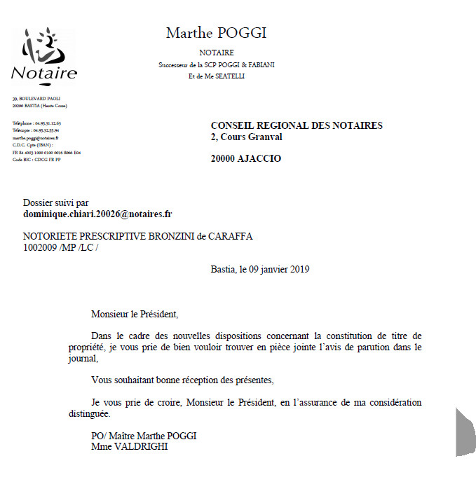Avis de création de titre de propriété - commune de Ville di Pietrabugno (Haute-Corse)