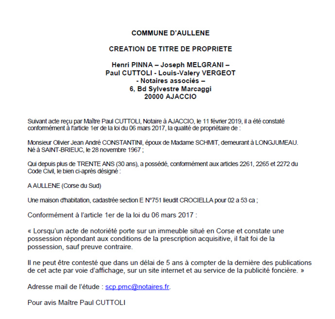 Avis de création de titre de propriété - commune d'Aullène (Corse-du-Sud) Avis de création de titre de propriété - commune d'Aullène (Corse-du-Sud)