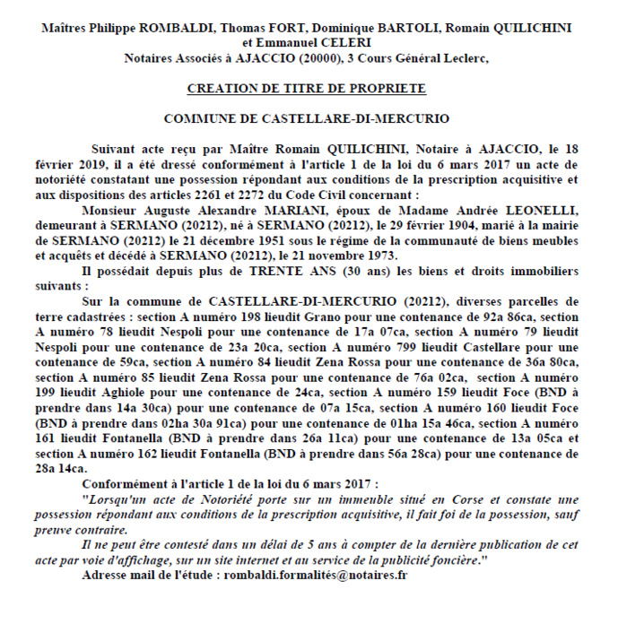 Avis de création de titre de propriété - commune de Castellare-di-Mercurio (Haute-Corse)