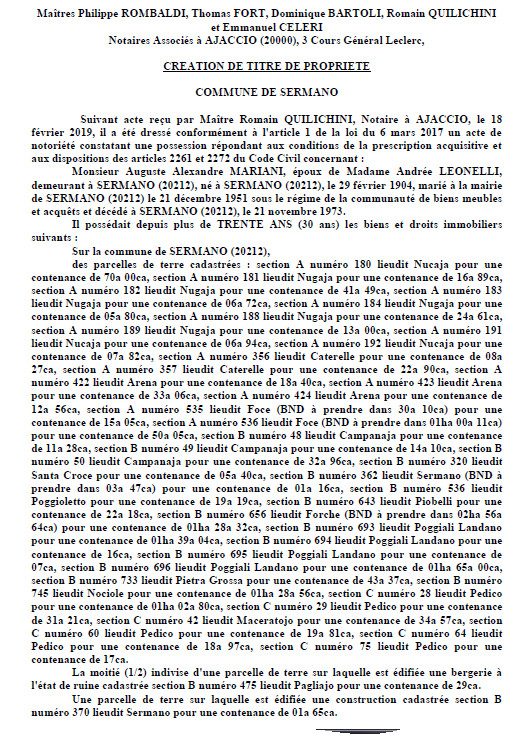 Avis de création de titre de propriété - commune de Sermano (Haute-Corse)