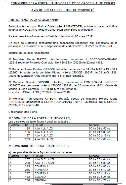 Avis de création de titre de propriété - commune de la Porta et Croce (Haute-Corse)