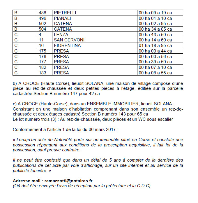 Avis de création de titre de propriété - commune de la Porta et Croce (Haute-Corse)