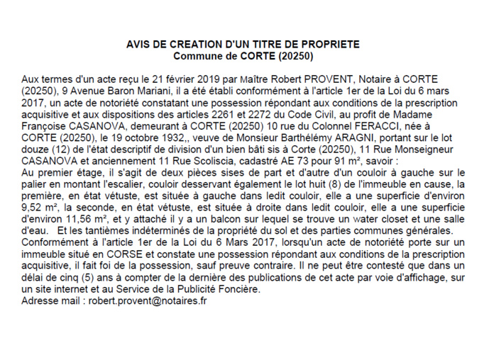 Avis de création de titre de propriété - commune de Corte (Haute-Corse) Avis de création de titre de propriété - commune de Corte (Haute-Corse)