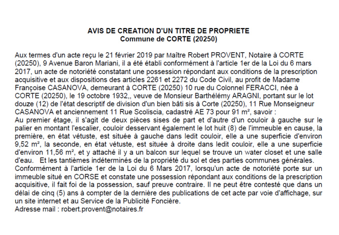 Avis de création de titre de propriété - commune de Corte (Haute-Corse)