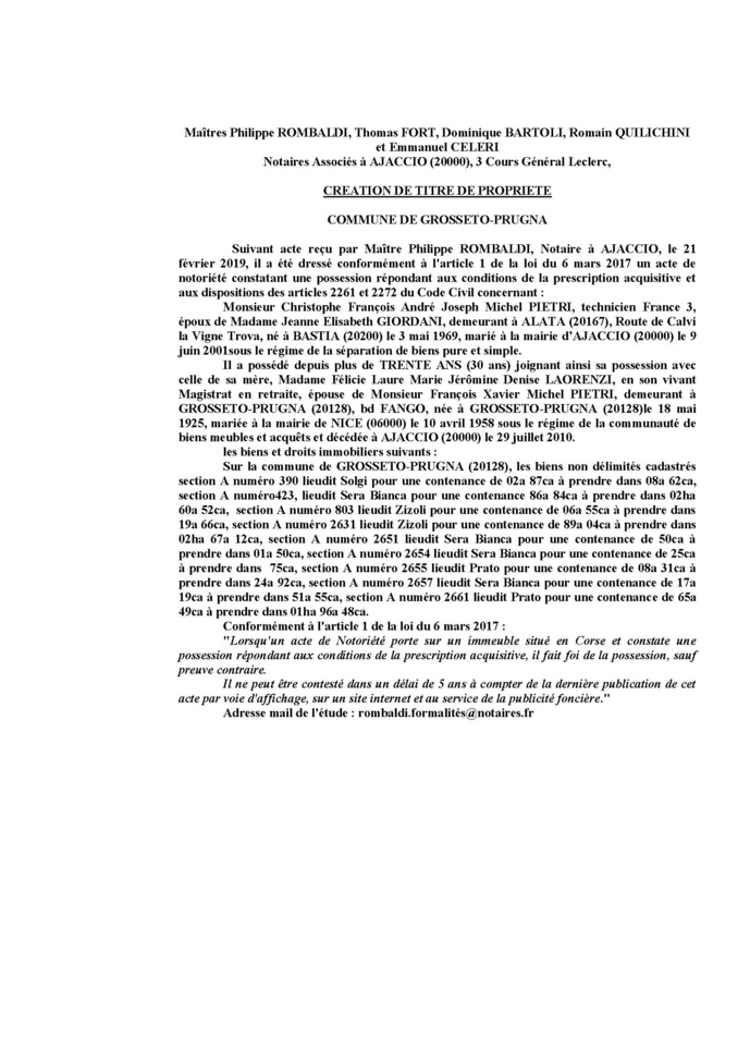 Avis de création de titre de propriété - commune de Grosseto-Prugna (Corse-du-Sud)