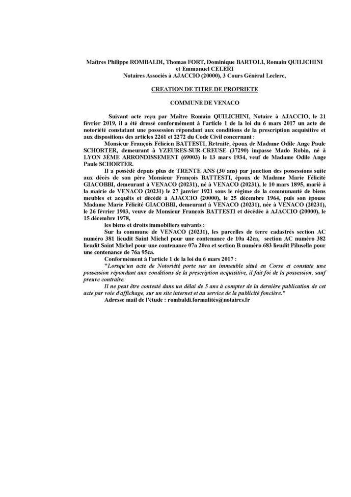 Avis de création de titre de propriété - commune de Venaco (Haute-Corse)