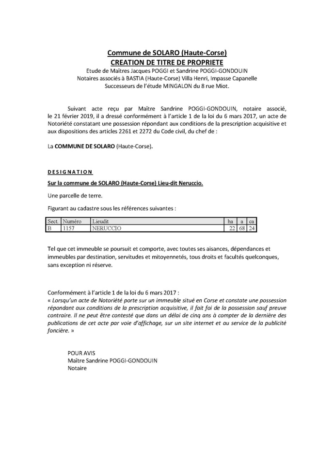 Avis de création de titre de propriété - commune de Solaro (Haute-Corse)