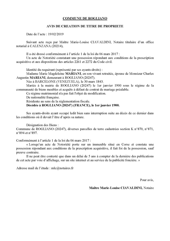 Avis de création de titre de propriété - commune de Rogliano (Haute-Corse)