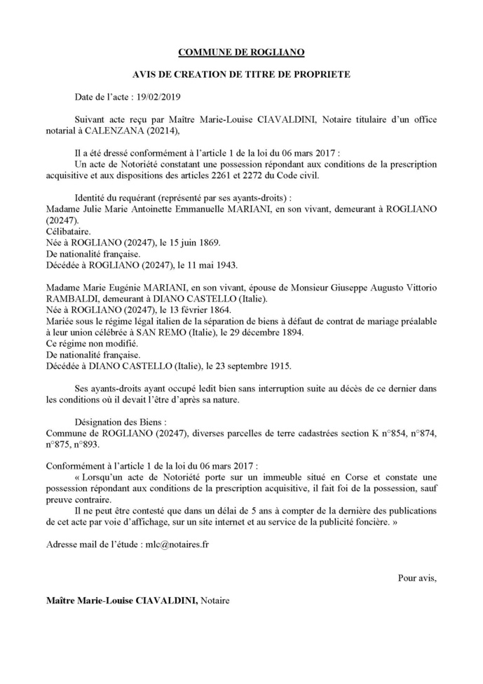 Avis de création de titre de propriété - commune de Rogliano (Haute-Corse)