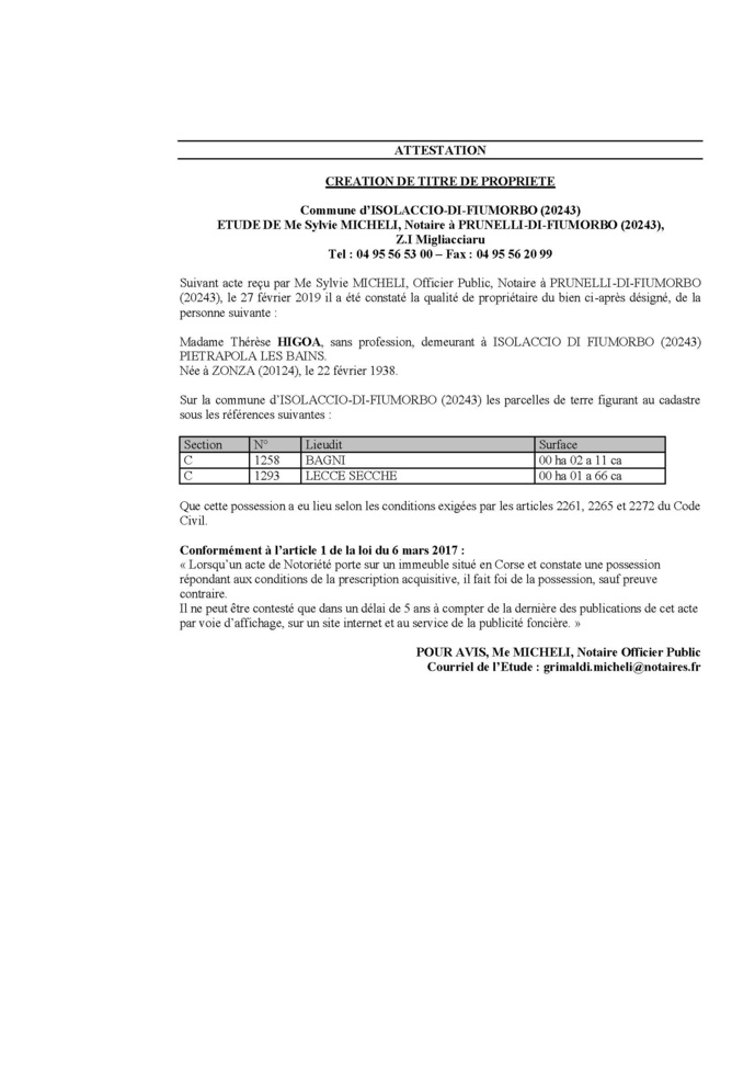 Avis de création de titre de propriété - commune d'Isolaccio di Fiumorbo (Haute-Corse) Avis de création de titre de propriété - commune d'Isolaccio di Fiumorbo (Haute-Corse)