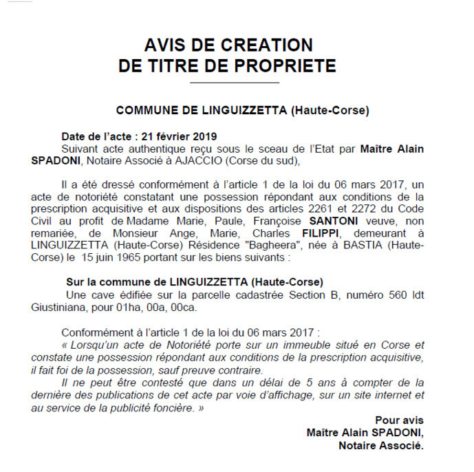 Avis de création de titre de propriété - commune de Linguizzetta (Haute-Corse)