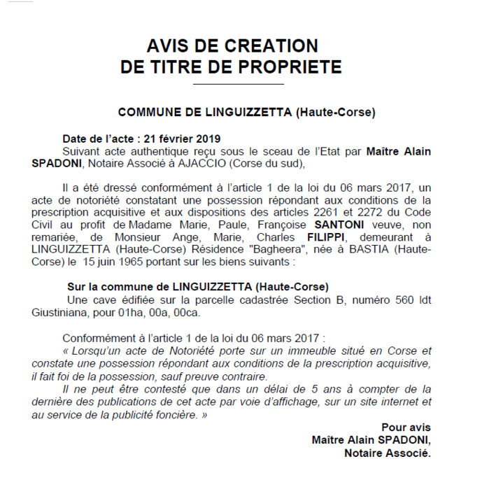 Avis de création de titre de propriété - commune de Linguizzetta (Haute-Corse)