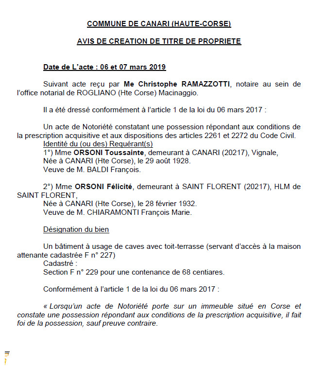 Avis de création de titre de propriété - commune de Canari (Haute-Corse)