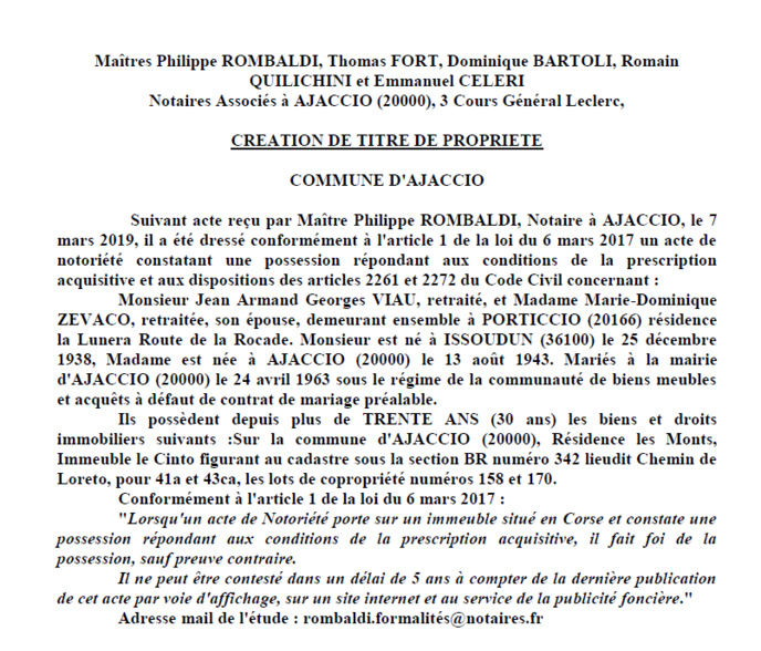  Avis de création de titre de propriété - commune de Coti-Chiavari (Corse-du-Sud)