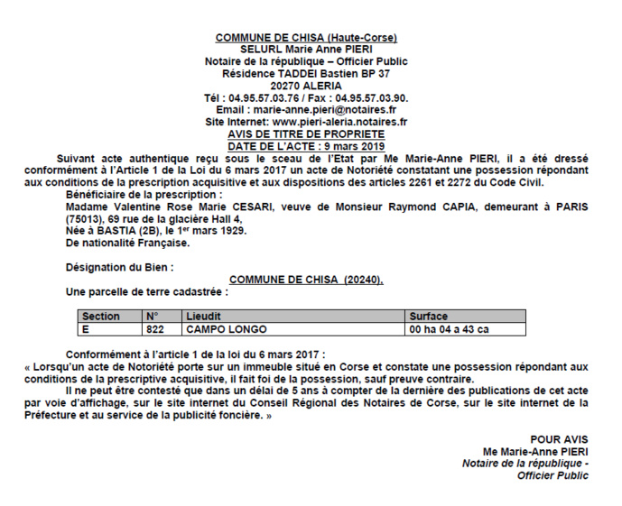 Avis de création de titre de proprieté - commune de Chisa (Haute-Corse)