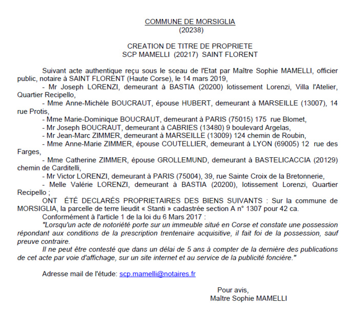 Avis de création de titre de proprieté - commune de Morsiglia (Haute-Corse)