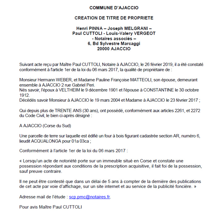 Avis de création de titre de proprieté - commune d'Ajaccio (Corse-du-Sud)