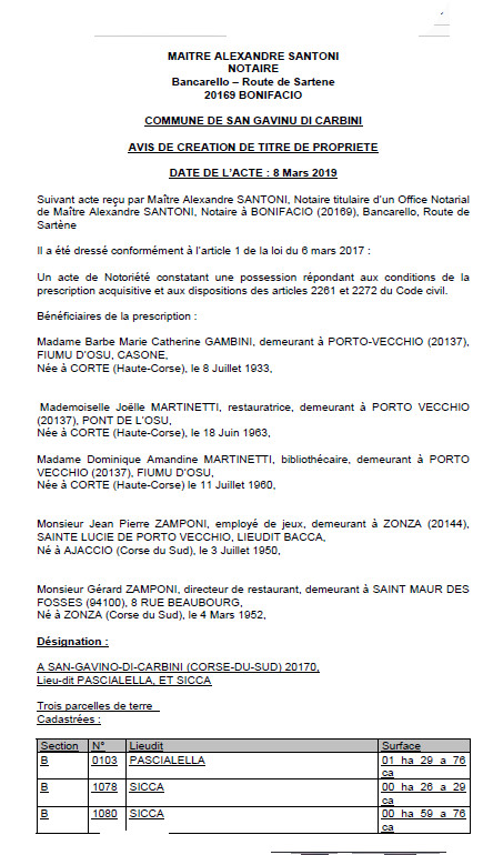 Avis de création de titre de propriété - commune de San Gavinu di Carbinu (Corse-du-Sud) Avis de création de titre de propriété - commune de San Gavinu di Carbinu (Corse-du-Sud)