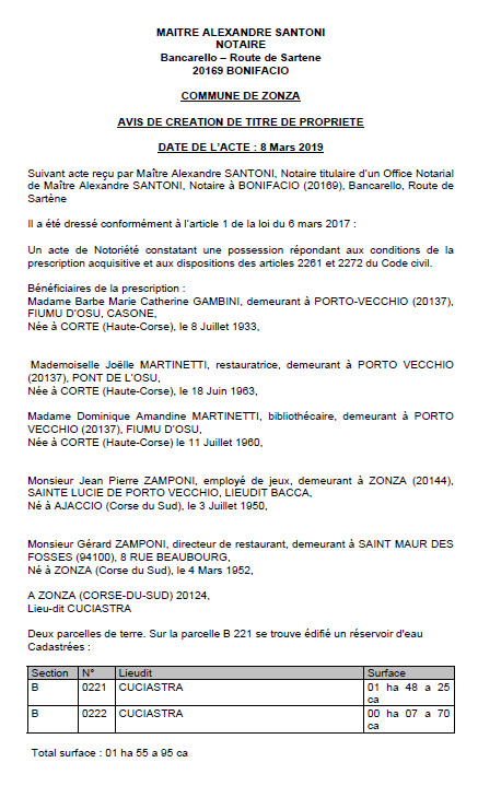 Avis de création de titre de propriété - commune de Zonza (Corse-du-Sud) Avis de création de titre de propriété - commune de Zonza (Corse-du-Sud)