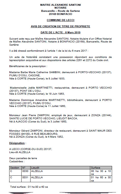 Avis de création de titre de propriété - commune de Lecci (Corse-du-Sud) Avis de création de titre de propriété - commune de Lecci (Corse-du-Sud)