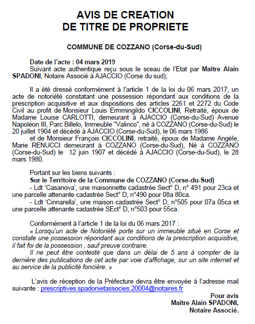 Avis de création de titre de propriété - commune de Cozzano (Corse-du-Sud)