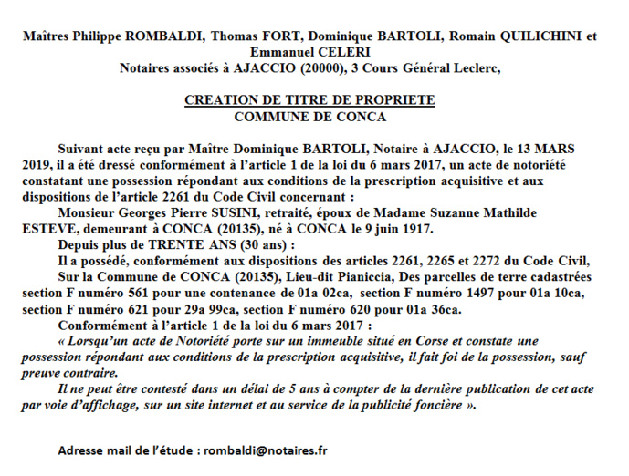 Avis de création de titre de propriété - commune de Conca (Corse-du-Sud)