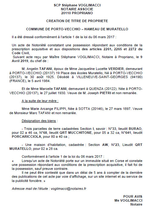 Avis de création de titre de propriété - commune de Porto-Vecchio (Corse-du-Sud)